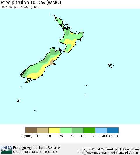 New Zealand Precipitation 10-Day (WMO) Thematic Map For 8/26/2021 - 9/5/2021