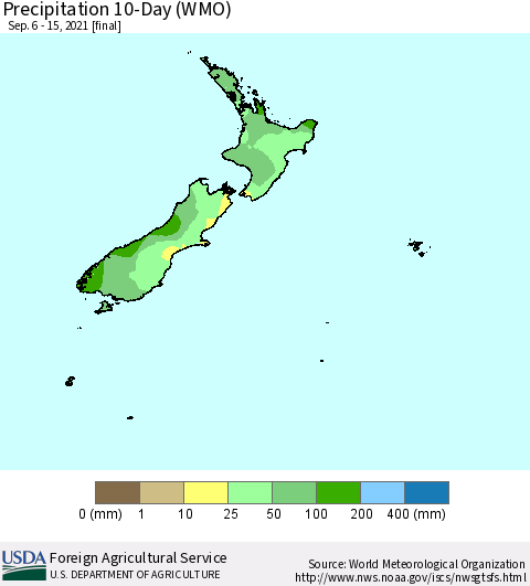 New Zealand Precipitation 10-Day (WMO) Thematic Map For 9/6/2021 - 9/15/2021