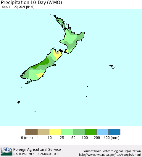 New Zealand Precipitation 10-Day (WMO) Thematic Map For 9/11/2021 - 9/20/2021
