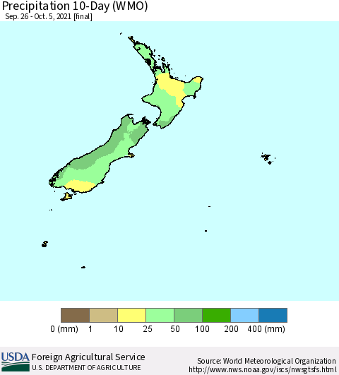 New Zealand Precipitation 10-Day (WMO) Thematic Map For 9/26/2021 - 10/5/2021
