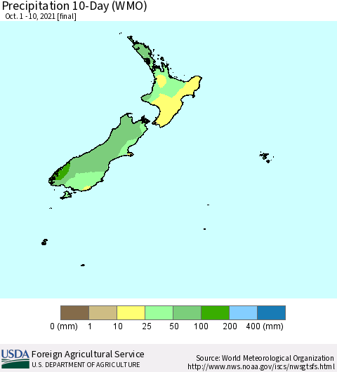 New Zealand Precipitation 10-Day (WMO) Thematic Map For 10/1/2021 - 10/10/2021