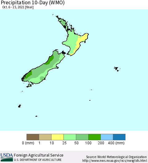 New Zealand Precipitation 10-Day (WMO) Thematic Map For 10/6/2021 - 10/15/2021