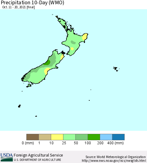 New Zealand Precipitation 10-Day (WMO) Thematic Map For 10/11/2021 - 10/20/2021