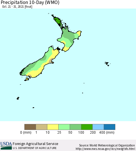 New Zealand Precipitation 10-Day (WMO) Thematic Map For 10/21/2021 - 10/31/2021