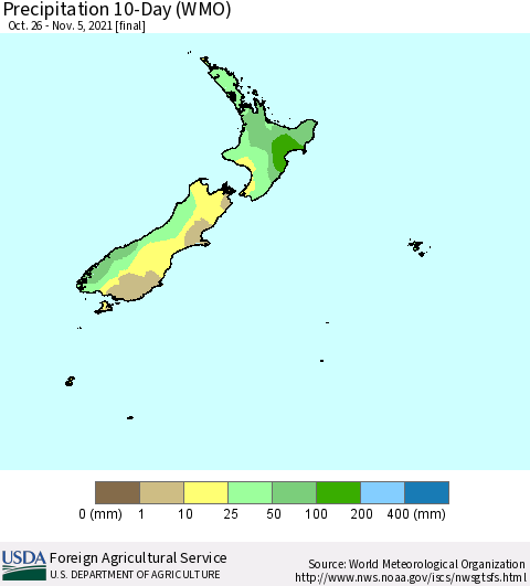 New Zealand Precipitation 10-Day (WMO) Thematic Map For 10/26/2021 - 11/5/2021