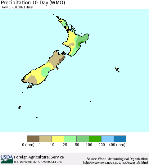 New Zealand Precipitation 10-Day (WMO) Thematic Map For 11/1/2021 - 11/10/2021