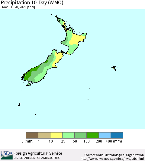 New Zealand Precipitation 10-Day (WMO) Thematic Map For 11/11/2021 - 11/20/2021