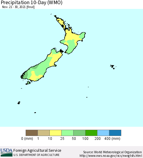 New Zealand Precipitation 10-Day (WMO) Thematic Map For 11/21/2021 - 11/30/2021