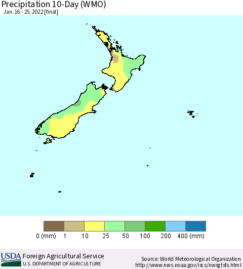 New Zealand Precipitation 10-Day (WMO) Thematic Map For 1/16/2022 - 1/25/2022