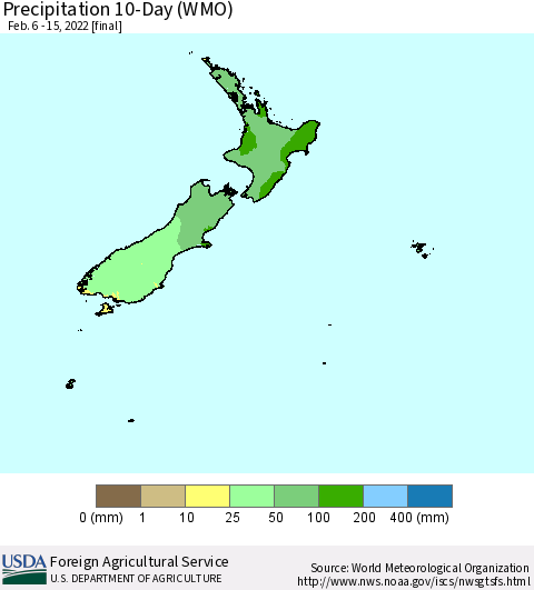New Zealand Precipitation 10-Day (WMO) Thematic Map For 2/6/2022 - 2/15/2022