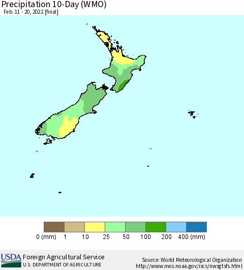New Zealand Precipitation 10-Day (WMO) Thematic Map For 2/11/2022 - 2/20/2022