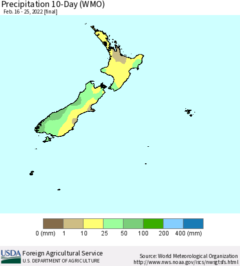 New Zealand Precipitation 10-Day (WMO) Thematic Map For 2/16/2022 - 2/25/2022