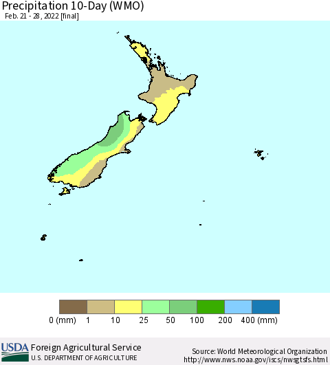 New Zealand Precipitation 10-Day (WMO) Thematic Map For 2/21/2022 - 2/28/2022