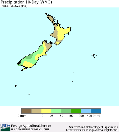 New Zealand Precipitation 10-Day (WMO) Thematic Map For 3/6/2022 - 3/15/2022