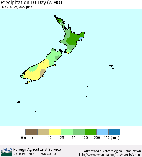 New Zealand Precipitation 10-Day (WMO) Thematic Map For 3/16/2022 - 3/25/2022