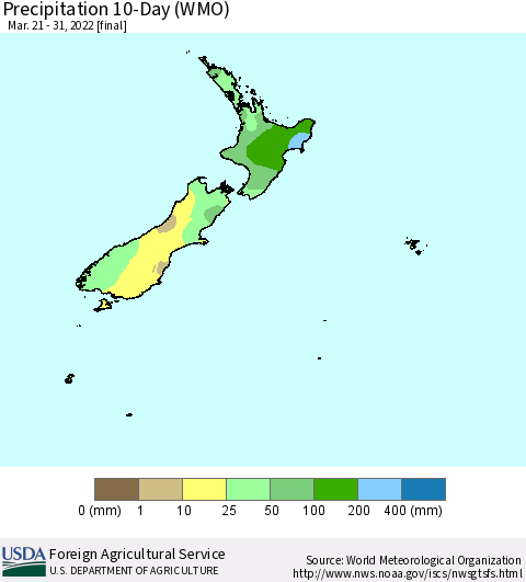 New Zealand Precipitation 10-Day (WMO) Thematic Map For 3/21/2022 - 3/31/2022