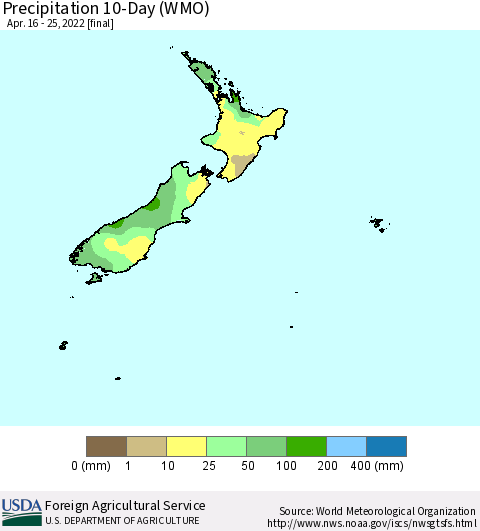 New Zealand Precipitation 10-Day (WMO) Thematic Map For 4/16/2022 - 4/25/2022