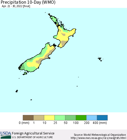 New Zealand Precipitation 10-Day (WMO) Thematic Map For 4/21/2022 - 4/30/2022