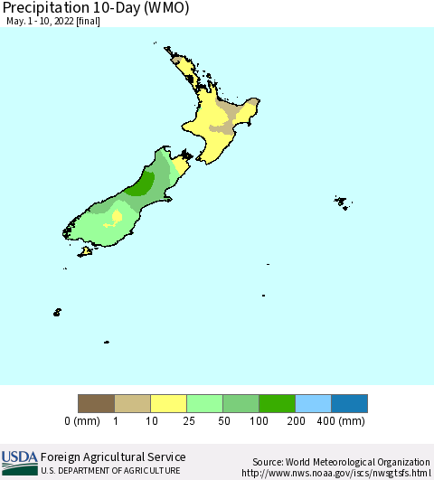 New Zealand Precipitation 10-Day (WMO) Thematic Map For 5/1/2022 - 5/10/2022