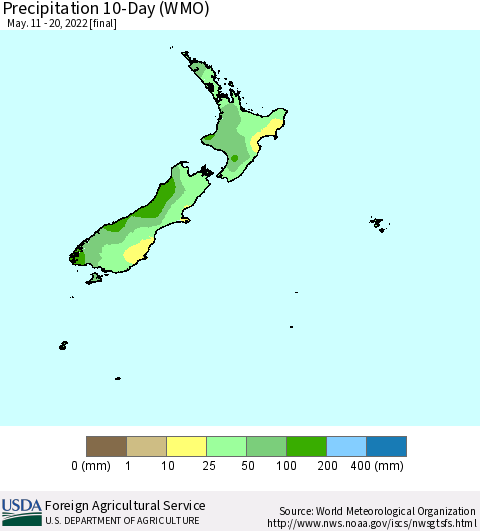 New Zealand Precipitation 10-Day (WMO) Thematic Map For 5/11/2022 - 5/20/2022