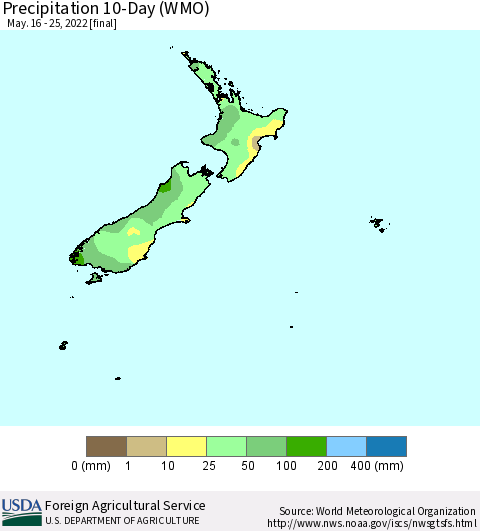 New Zealand Precipitation 10-Day (WMO) Thematic Map For 5/16/2022 - 5/25/2022
