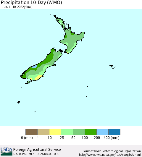 New Zealand Precipitation 10-Day (WMO) Thematic Map For 6/1/2022 - 6/10/2022
