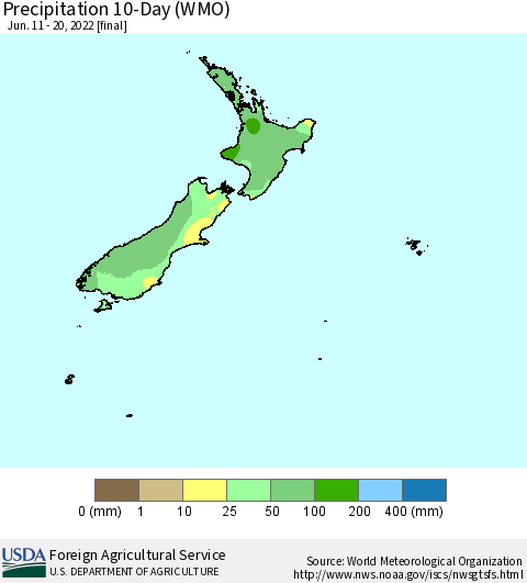 New Zealand Precipitation 10-Day (WMO) Thematic Map For 6/11/2022 - 6/20/2022