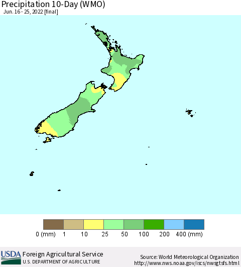 New Zealand Precipitation 10-Day (WMO) Thematic Map For 6/16/2022 - 6/25/2022
