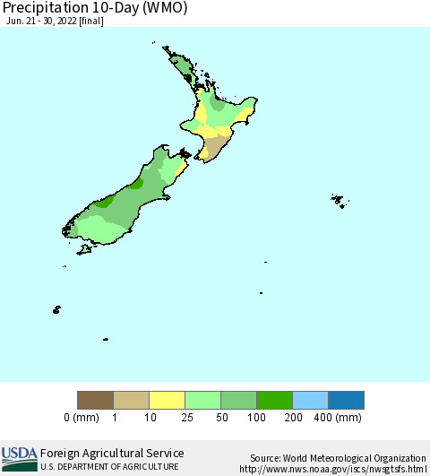 New Zealand Precipitation 10-Day (WMO) Thematic Map For 6/21/2022 - 6/30/2022