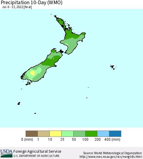 New Zealand Precipitation 10-Day (WMO) Thematic Map For 7/6/2022 - 7/15/2022