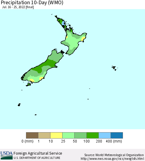 New Zealand Precipitation 10-Day (WMO) Thematic Map For 7/16/2022 - 7/25/2022