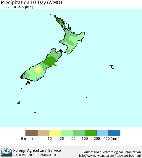 New Zealand Precipitation 10-Day (WMO) Thematic Map For 7/21/2022 - 7/31/2022