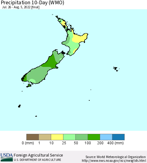 New Zealand Precipitation 10-Day (WMO) Thematic Map For 7/26/2022 - 8/5/2022