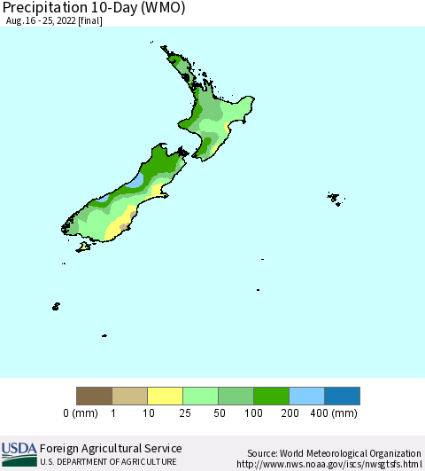 New Zealand Precipitation 10-Day (WMO) Thematic Map For 8/16/2022 - 8/25/2022