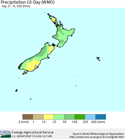 New Zealand Precipitation 10-Day (WMO) Thematic Map For 8/21/2022 - 8/31/2022