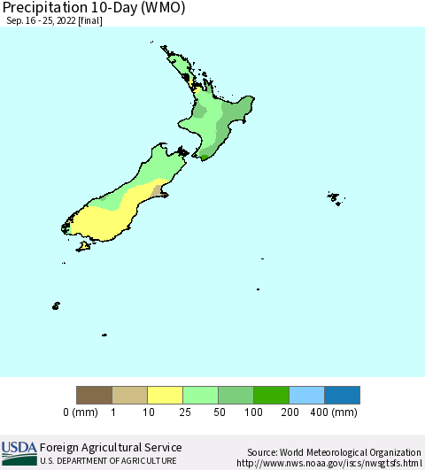 New Zealand Precipitation 10-Day (WMO) Thematic Map For 9/16/2022 - 9/25/2022