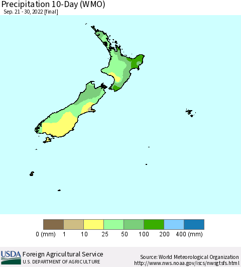 New Zealand Precipitation 10-Day (WMO) Thematic Map For 9/21/2022 - 9/30/2022
