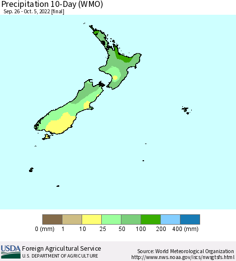 New Zealand Precipitation 10-Day (WMO) Thematic Map For 9/26/2022 - 10/5/2022