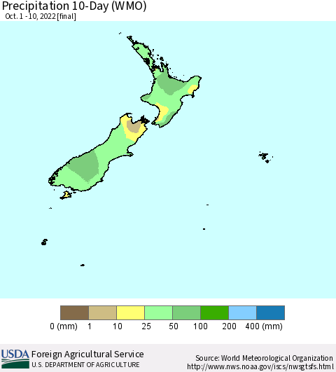 New Zealand Precipitation 10-Day (WMO) Thematic Map For 10/1/2022 - 10/10/2022