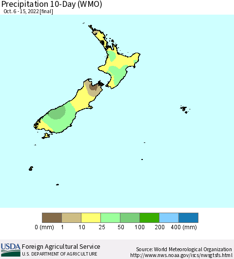 New Zealand Precipitation 10-Day (WMO) Thematic Map For 10/6/2022 - 10/15/2022