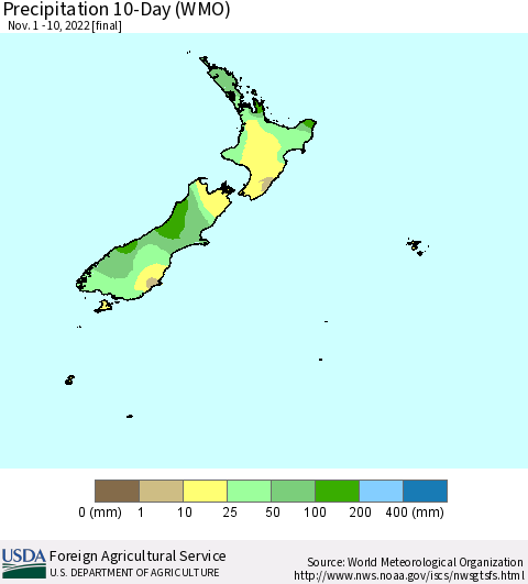 New Zealand Precipitation 10-Day (WMO) Thematic Map For 11/1/2022 - 11/10/2022