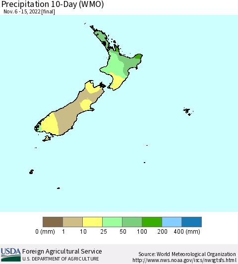 New Zealand Precipitation 10-Day (WMO) Thematic Map For 11/6/2022 - 11/15/2022