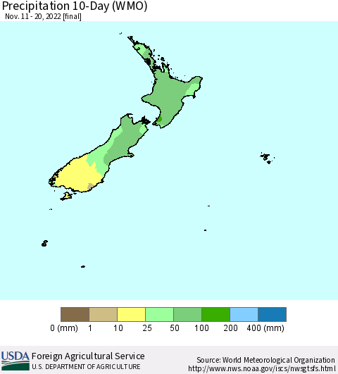 New Zealand Precipitation 10-Day (WMO) Thematic Map For 11/11/2022 - 11/20/2022