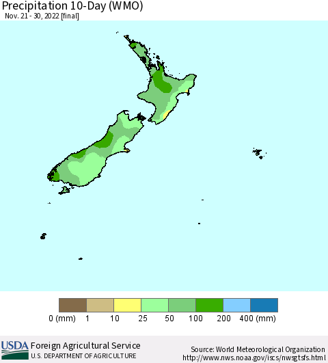 New Zealand Precipitation 10-Day (WMO) Thematic Map For 11/21/2022 - 11/30/2022