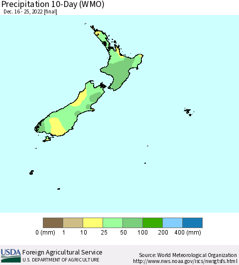 New Zealand Precipitation 10-Day (WMO) Thematic Map For 12/16/2022 - 12/25/2022