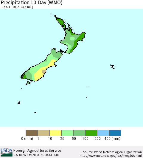 New Zealand Precipitation 10-Day (WMO) Thematic Map For 1/1/2023 - 1/10/2023