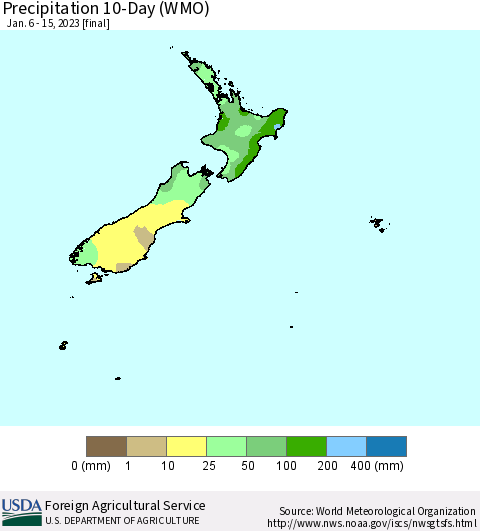 New Zealand Precipitation 10-Day (WMO) Thematic Map For 1/6/2023 - 1/15/2023