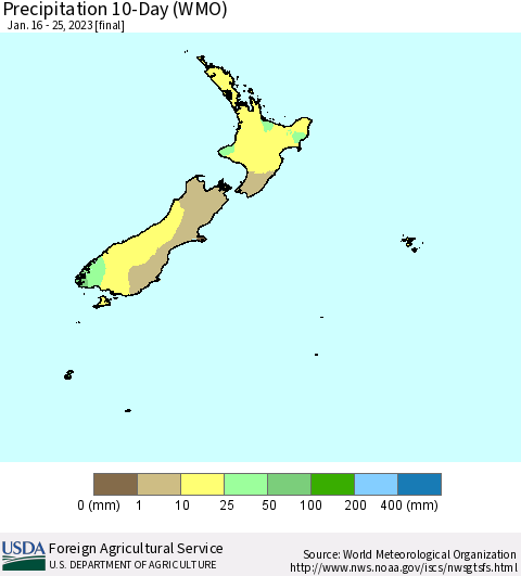 New Zealand Precipitation 10-Day (WMO) Thematic Map For 1/16/2023 - 1/25/2023