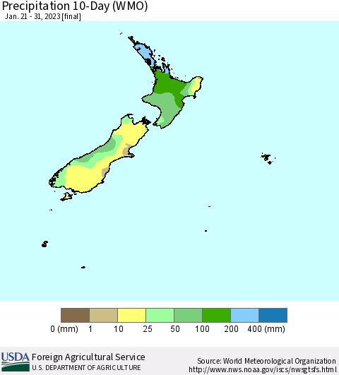 New Zealand Precipitation 10-Day (WMO) Thematic Map For 1/21/2023 - 1/31/2023
