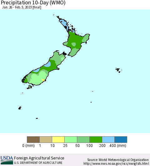 New Zealand Precipitation 10-Day (WMO) Thematic Map For 1/26/2023 - 2/5/2023